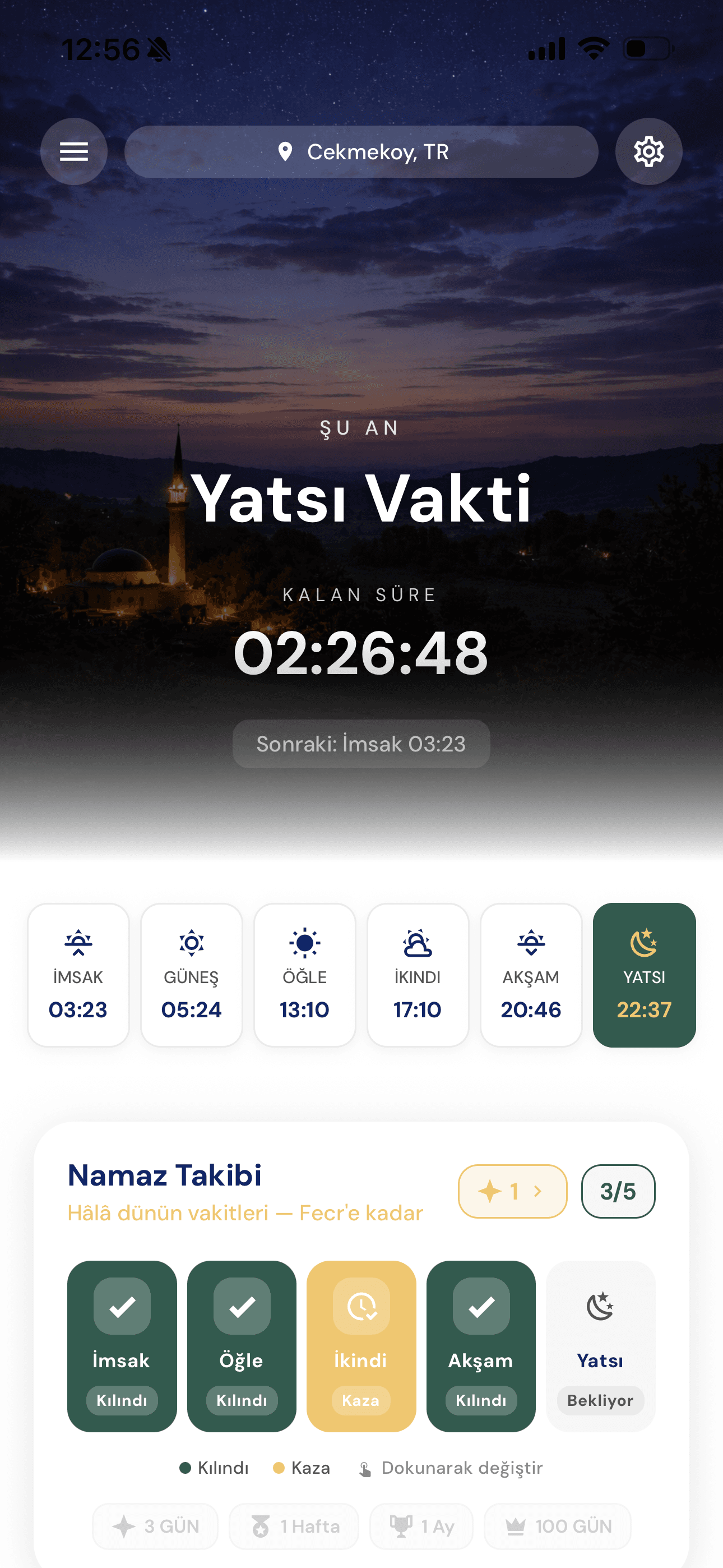 Inspraytion Namaz takibi ekranı